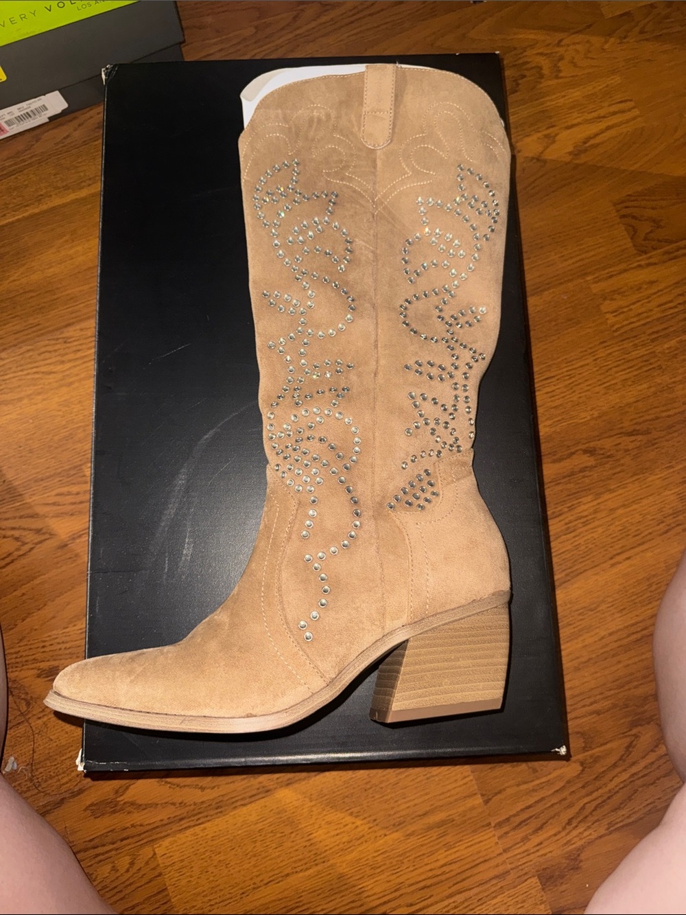 Studded Tan Suede Western Heeled Boots